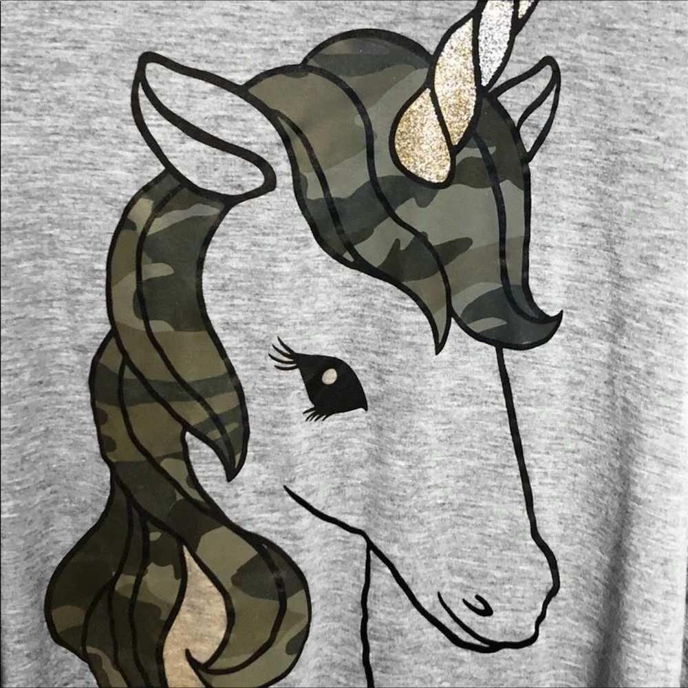 JUSTICE Camo Unicorn Long Sleeve Grey Graphic Tee